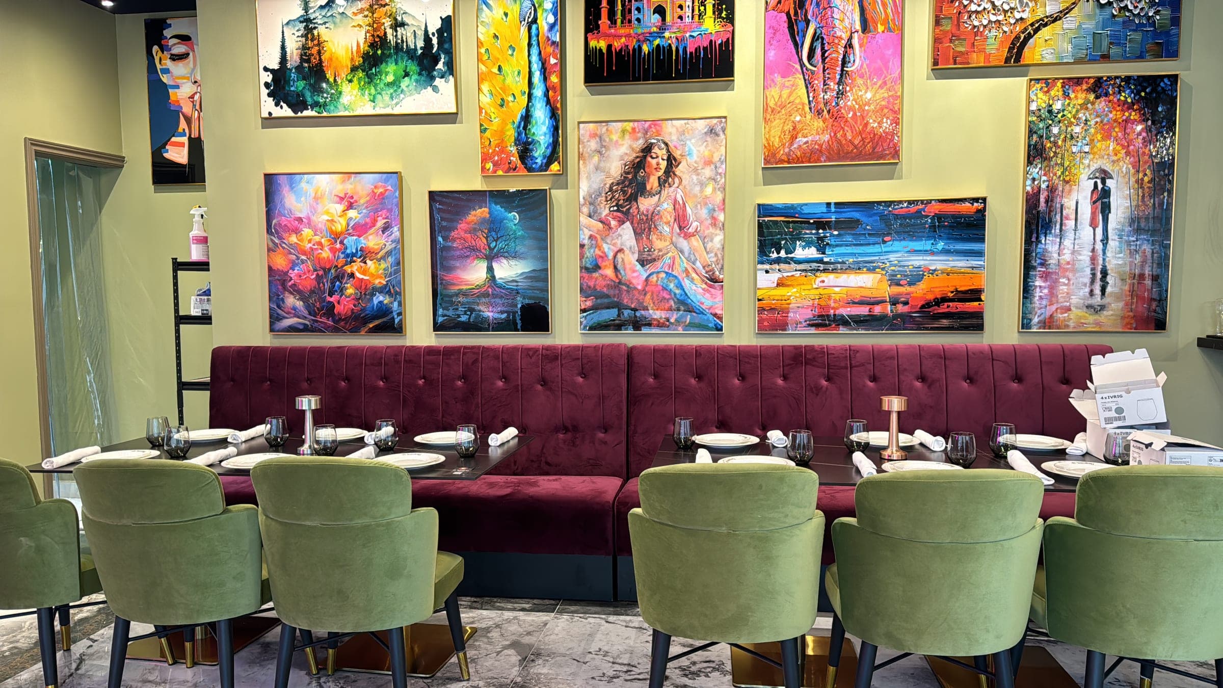 Banquette seating and artwork at DesINorth Milton, Ontario, Canada